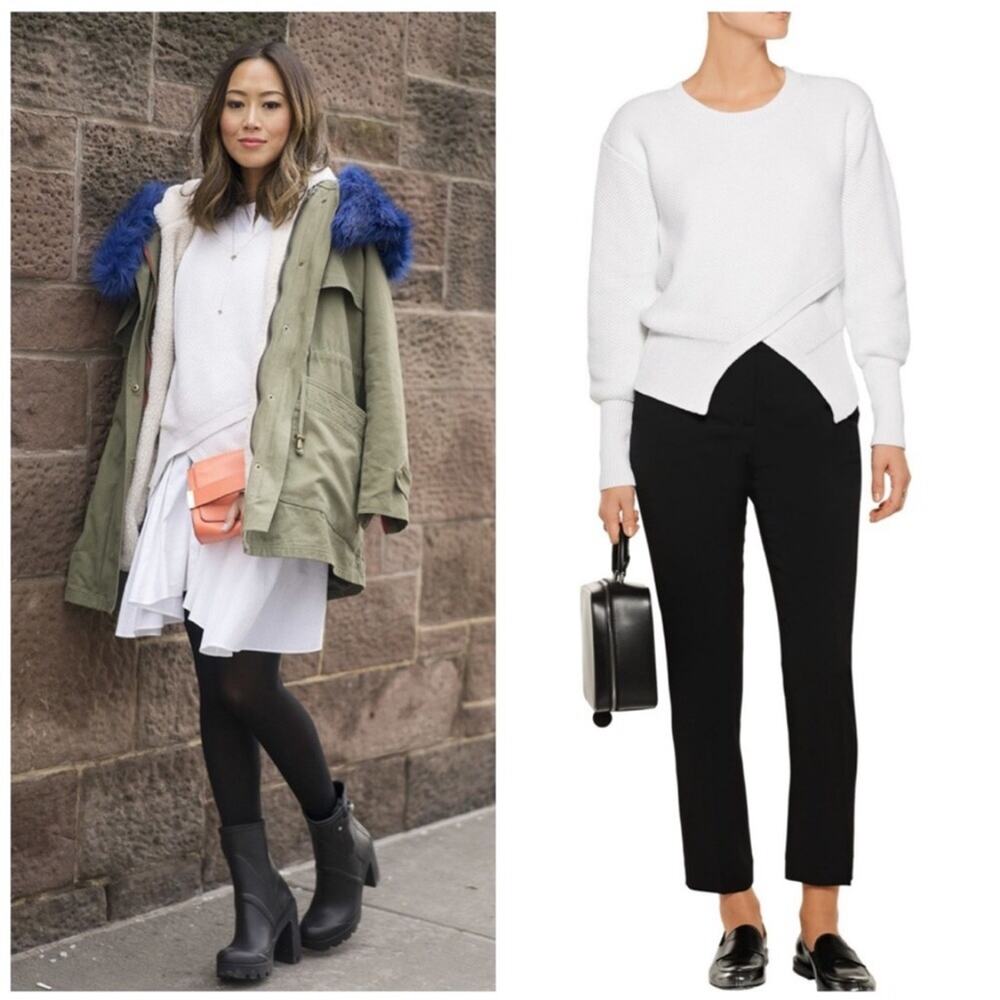 Marissa Webb Eva white asymmetrical hemline honeycomb knit sweater size Large